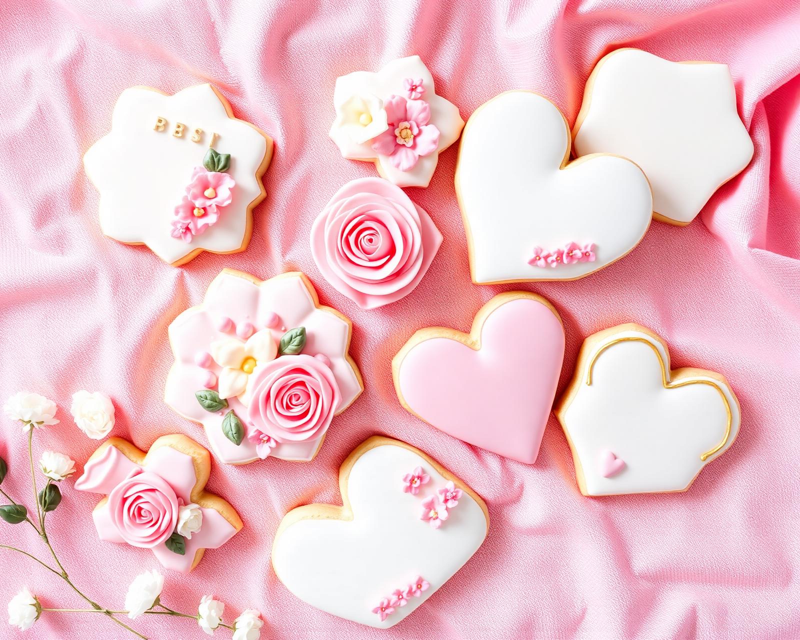 Assortment of custom hand-iced sugar cookies on blush linen